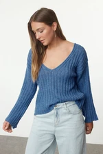 Trendyol Dark Blue Wool Wide Fit Crop Basic Knitwear Sweater