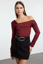 Trendyol Claret Red Asymmetric Collar Fitted/Fits the Body Snap Flexible Knitted Bodysuit