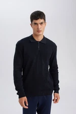 DEFACTO Navy Blue Standard Fit Polo Collar Buttoned Knitwear Sweater