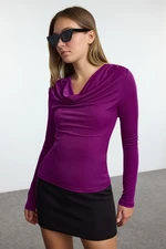 Trendyol Purple Cowl Neck Body-Smoothing Flexible Long Sleeve Buzzy Knitted Blouse