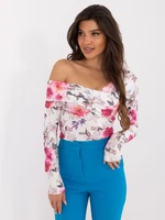 White-pink floral blouse with asymmetrical neckline