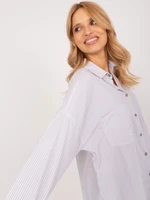 Light gray long button-down shirt with stripes