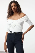 Trendyol Ecru Carmen Collar Double Breasted Closure Three Quarter Sleeve Fitted/Body-Sit Knitted Blouse