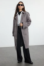 Trendyol Grey Oversize Belted Windbreaker Detailed Water Repellent Long Trench Coat