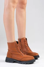 Mio Gusto Samantha Tan Color Laced and Zippered Thick Soled Women's Combat Boots