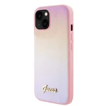 Zadní kryt Guess PU Leather Iridescent Metal Script pro Apple iPhone 15, růžová