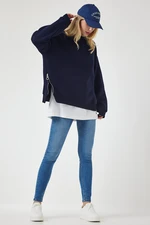 Happiness İstanbul Women's Dark Blue Zipper Detailed Raised Knitted Sweatshirt