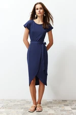 Trendyol Navy Blue 100% Cotton Double Breasted Closure Tie Detailed Midi Knitted Maxi Dress