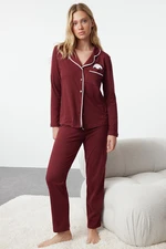 Trendyol Dark Burgundy Cotton Panda Printed Knitted Pajama Set