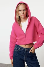 Trendyol Fuchsia Zippered Hooded Relaxed Cut Crop Thick Inside Fleece Knitted Sweatshirt