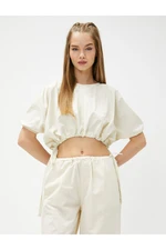 Koton Crop Blouse with Tie Waist Detail, Balloon Sleeves, Crew Neck