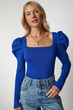 Happiness İstanbul Women's Blue Square Neck Ribbed Knitwear Blouse