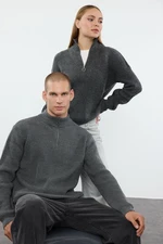 Trendyol Dark Gray Casual Regular Fit Couple/Double Half Turtleneck Zipper Collar Sweater