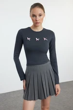 Trendyol Anthracite Bow Detailed Crop/Short Slim/Fitting Knitted Blouse