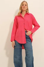 Trend Alaçatı Stili Women's Fuchsia Motif Oversize Linen Shirt