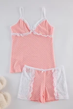 Trendyol Pink Cotton Polka Dot Lace and Ribbon/Bow Detailed Knitted Pajama Set