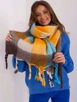 Blue and brown winter scarf with fringe