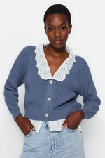 Trendyol Indigo Crop Knitwear Cardigan with a Woven Garnish and Detail