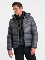 Ombre Heavily insulated quilted men's jacket with detachable hood - graphite