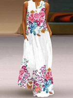 Flower Print Pocket Half Open Collar Sleeveless Maxi Dress