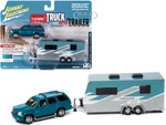 2005 Cadillac Escalade Teal Metallic with Camper Trailer Limited Edition to 6012 pieces Worldwide "Truck and Trailer" Series 1/64 Diecast Model Car b