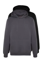 Trendyol Black-Grey 2 Pack Basic Regular Cut Hooded Fleece Sweatshirt