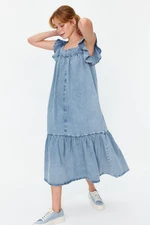 Trendyol Light Blue Ruffle Oversize Maxi Denim Dress