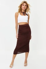 Trendyol Brown Gathered Body-Fitting Elastic Waist Lined Maxi Flexible Knitted Pencil Skirt