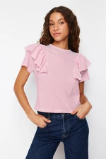 Trendyol Fuchsia Ecru Striped Ruffle Detail Regular/Normal Fit Knitted T-Shirt