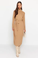 Trendyol Beige Belted Pearl Detailed Long Knitwear Dress