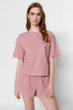 Trendyol Pink 100% Cotton Motto Printed T-shirt - Shorts Knitted Pajamas Set