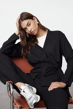 Trendyol Black Belted Oversize Ribbed Knit Tunic-Pants Set