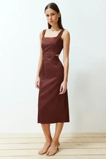 Trendyol Brown Body Wrap Cut Out Detailed Square Collar Midi Woven Dress