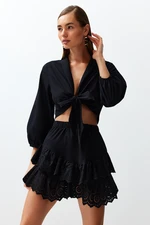 Trendyol Black Mini Woven Ruffled 100% Cotton Skirt