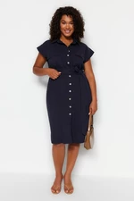 Trendyol Curve Navy Blue Belted Woven Shirt Dress