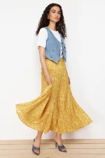 Trendyol Mustard Floral Patterned Pleated Elastic Waist Woven Skirt