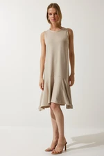 Happiness İstanbul Women's Beige Crew Neck Knitted Flounce Bell Dress