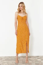 Trendyol Orange Floral Patterned Straight Cut Slit Detail Viscose Midi Woven Dress