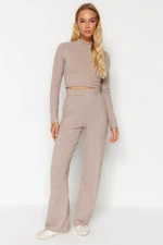 Trendyol Beige Stand-Up Collar, Soft Crop and Wide Leg/Wide Leg Knitted Top and Bottom Set