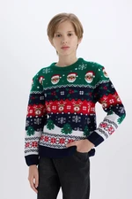 DEFACTO Boy's New Year's Themed Crew Neck Knitted Sweater