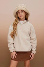 DEFACTO Girl Oversize Wide Pattern Hooded Zippered Plush Sweatshirt