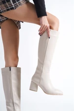 Capone Outfitters Oval Toe Side Zipper Ecru Beige Heeled Women's Boots