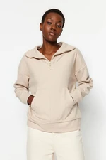 Trendyol Beige Thessaloniki/Knitwear Look Zippered Relaxed/Comfortable Fit Knitted Sweatshirt