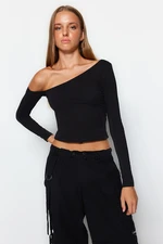 Trendyol Black One-Shoulder Cotton Elastic Fitted/Situated Crop Knitted Blouse