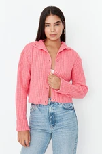 Trendyol Pink Crop Jemný textúrovaný stojaci golier Pletený kardigán