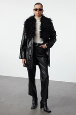 Trendyol Black Oversize Molded Collar Faux Leather Jacket Coat with Fur Detail