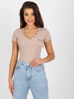 Dark beige ribbed blouse with short sleeves