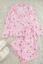 Trendyol Pink 100% Cotton Teddy Bear-Heart Patterned Knitted Pajama Set