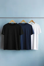 Trendyol Navy Blue-Black-White Slim/Slim Cut Crew Neck Basic 100% Cotton 3-Pack T-Shirt