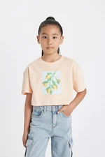 DEFACTO Girl's Crop Crew Neck Printed Short Sleeve T-Shirt